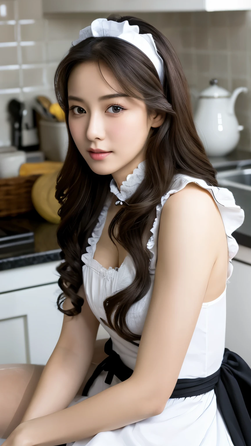 (hyperrealistic), (high resolution), (8K), (extremely detailed), (beautiful detailed eyes), (best quality), (super detailed), (masterpiece), (wallpaper), (detailed face), solo, (dynamic pose), 1 girl, white wavy hair in the kitchen, korean, maid girl, black and white maid dress, realistic,full body, long legs, sitting at the kitchen counter, sexy