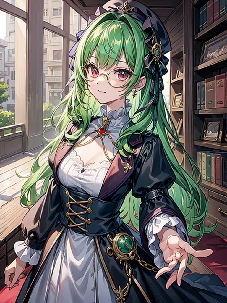 (((masterpiece、Highest image quality、highest quality、highly detailed unity 8kwallpaper)))、((Illustration of one girl、upper body))、(((beautiful girl)))、(librarian)、(Emerald green hair、sidelocks:1.2、red eyes、crazy smile:1.3)、(((flat chest)))、(monocle)、pocket watch、(((Black top hat、Black tuxedo)))、great medieval library