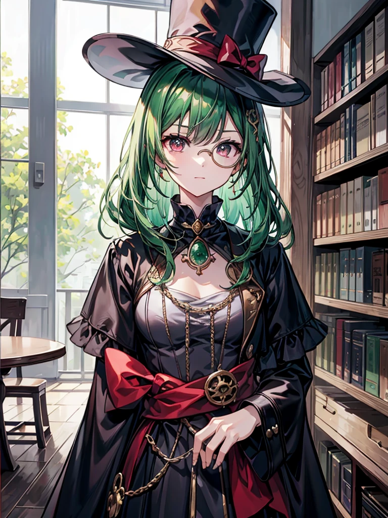 (((masterpiece、Highest image quality、highest quality、highly detailed unity 8kwallpaper)))、((Illustration of one girl、upper body))、(((beautiful girl)))、(librarian)、(Emerald green hair、sidelocks:1.2、red eyes、crazy smile:1.3)、(((flat chest)))、(monocle)、pocket watch、(((Black top hat、Black tuxedo)))、great medieval library