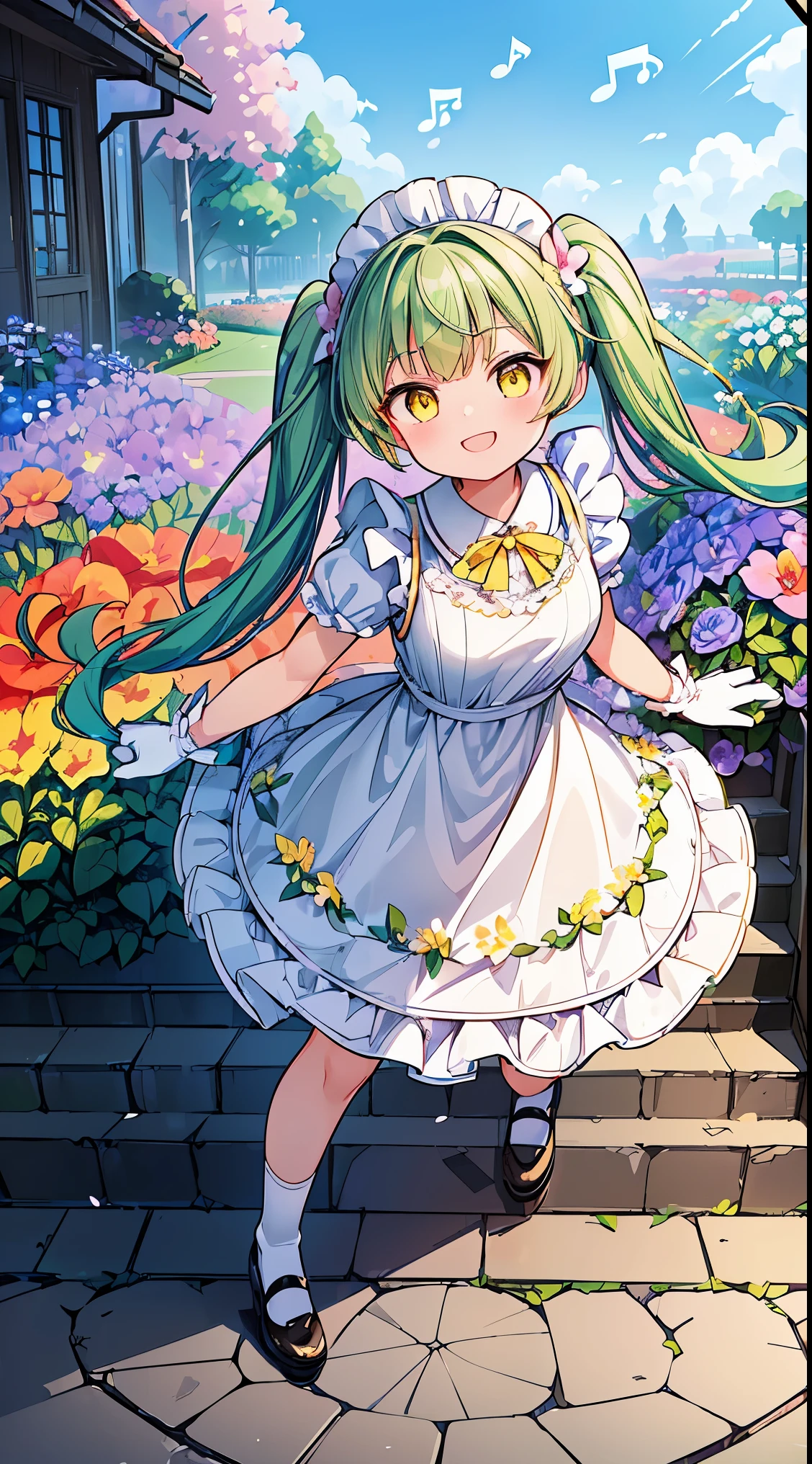 (super fine illustration:1.2),(masterpiece, 8k), (best quality, high quality:1.4), perfect anatomy, hyper detailed, ultra detailed,masterpiece background,beautiful detailed background, v8k wallpaper,perfect design,award-winning art,atmospheric,
BREAK, 1 beautiful girl, (17 year old girl),alone,(cute:1.5),(Little:0.6),(cute:1.5),(change:0.5),break, :d, (twin tails, green hair, horn, long hair:1.35), (yellow eyes, double, slanted eyes:1.45), blush, double teeth, ((D cup breasts))), heart, sight, maid, /maid dragon/, dragon tail, (long eyelashes, double eyelids, thin eyebrows:1.2), alone, glowing skin, beautiful skin, beautiful skin, (highest quality face), (highest quality slanted eyes), maid outfit, gloves, open your mouth, short sleeve, smile, white gloves,(The best smile,smug face:1.45),
BREAK, (music motif inspired:1.2), white lace, (closed collar long-sleeved blouse:1.2) with frilled and ribbon, a volumey pannier under a (musical note-pattern long dress:1.6) with (lots of layered frills:1.2) and ribbons, (lace ruffle socks:1.2), music-themed accessories, hat, platform shoes,BREAK, (flower garden:1.8), (magic circle:1.3), (fantasy:1.5), (long shot:1.5), Midday, (light rays:1.2), lights, blue sky, wind, fluttering petals, illusion effect, magic effect,
BREAK,wakame,wakame,wakame,(looking up,from front above:1.5)
(going up on stairs:1.5),
BREAK,(Blurry background:1.3),(absurderes, hight resolution, Super Detail Art),cel shading,Clear Color, Lonely optical effect, Beautiful pictures, Bright glow, mystic atmosphere,(Close-up of girl:1.1), Mystical light particle effect,manga influence, clean line drawings,