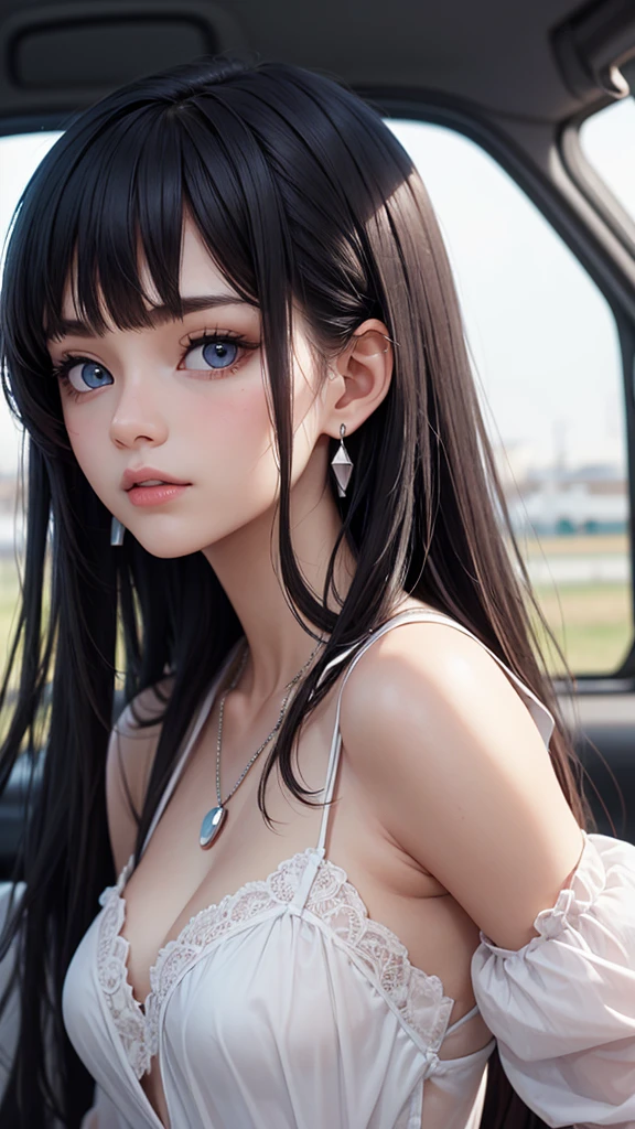 girl with black hair mixed with blue, 165 cm, , white skin, wolf cut, wearing a white dress, wearing silver earrings, wearing a silver heart-shaped necklace, wearing a silver bracelet, beautiful and charming, wearing blue contact lenses, cartoon or anime, 1040p, detail
