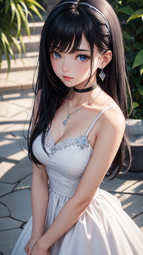 girl with black hair mixed with blue, 165 cm, 17 years old, white skin, wolf cut, wearing a white dress, wearing silver earrings, wearing a silver heart-shaped necklace, wearing a silver bracelet, beautiful and charming, wearing blue contact lenses, cartoon or anime, 1040p, detail