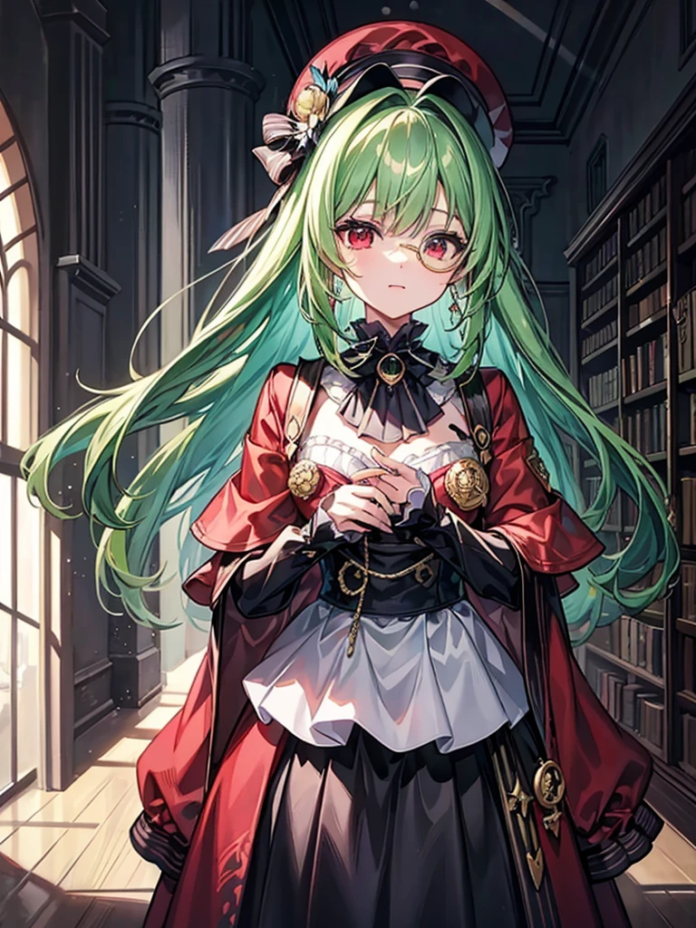 (((masterpiece、Highest image quality、highest quality、highly detailed unity 8kwallpaper)))、((Illustration of one girl、upper body))、(((beautiful girl)))、(librarian)、(Emerald green hair、sidelocks:1.2、red eyes、crazy smile:1.3)、(((flat chest)))、(monocle)、pocket watch、(((Black top hat、Black tuxedo)))、great medieval library