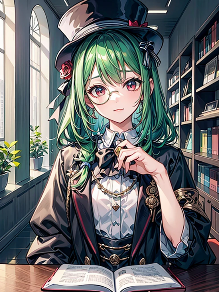 (((masterpiece、Highest image quality、highest quality、highly detailed unity 8kwallpaper)))、((Illustration of one girl、upper body))、(((beautiful girl)))、(librarian)、(Emerald green hair、sidelocks:1.2、red eyes、crazy smile:1.3)、(((flat chest)))、(monocle)、pocket watch、(((Black top hat、Black tuxedo)))、great medieval library