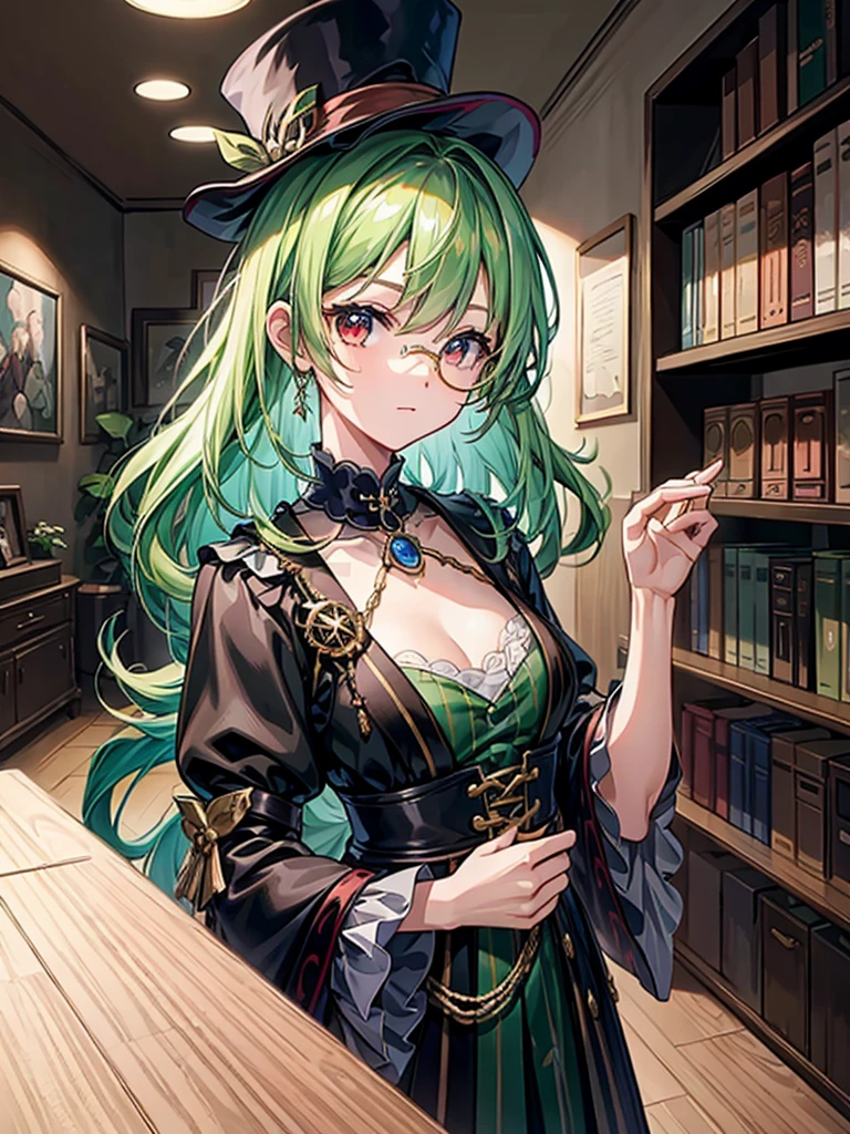 (((masterpiece、Highest image quality、highest quality、highly detailed unity 8kwallpaper)))、((Illustration of one girl、upper body))、(((beautiful girl)))、(librarian)、(Emerald green hair、sidelocks:1.2、red eyes、crazy smile:1.3)、(((flat chest)))、(monocle)、pocket watch、(((Black top hat、Black tuxedo)))、great medieval library