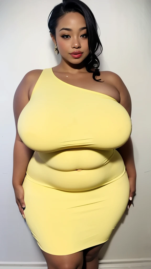 A woman wearing a yellow one-shoulder dress posing for a photo,(erotic smile)、Smooth Dresses、Smooth Dresses、thick, (Super Strong Super Huge gigantic breasts、Insanely bulging:1.5)、Thick serving、rubenesque, curved hourglass illustration, Curvaceous, Curvaceous, thick body, (skinny waist and thick hips,widehip、Insanely bulging ass:1.5)、tight dress, plus sizeの, thick build, thick, plus size, young woman, plus size woman, lady using yellow dress