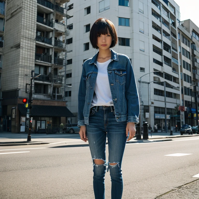 A Japanese woman, look at viewr, ((very Short hair)), ((skinny:1.3)), 27-years old, Post-apocalypse, Ruins,