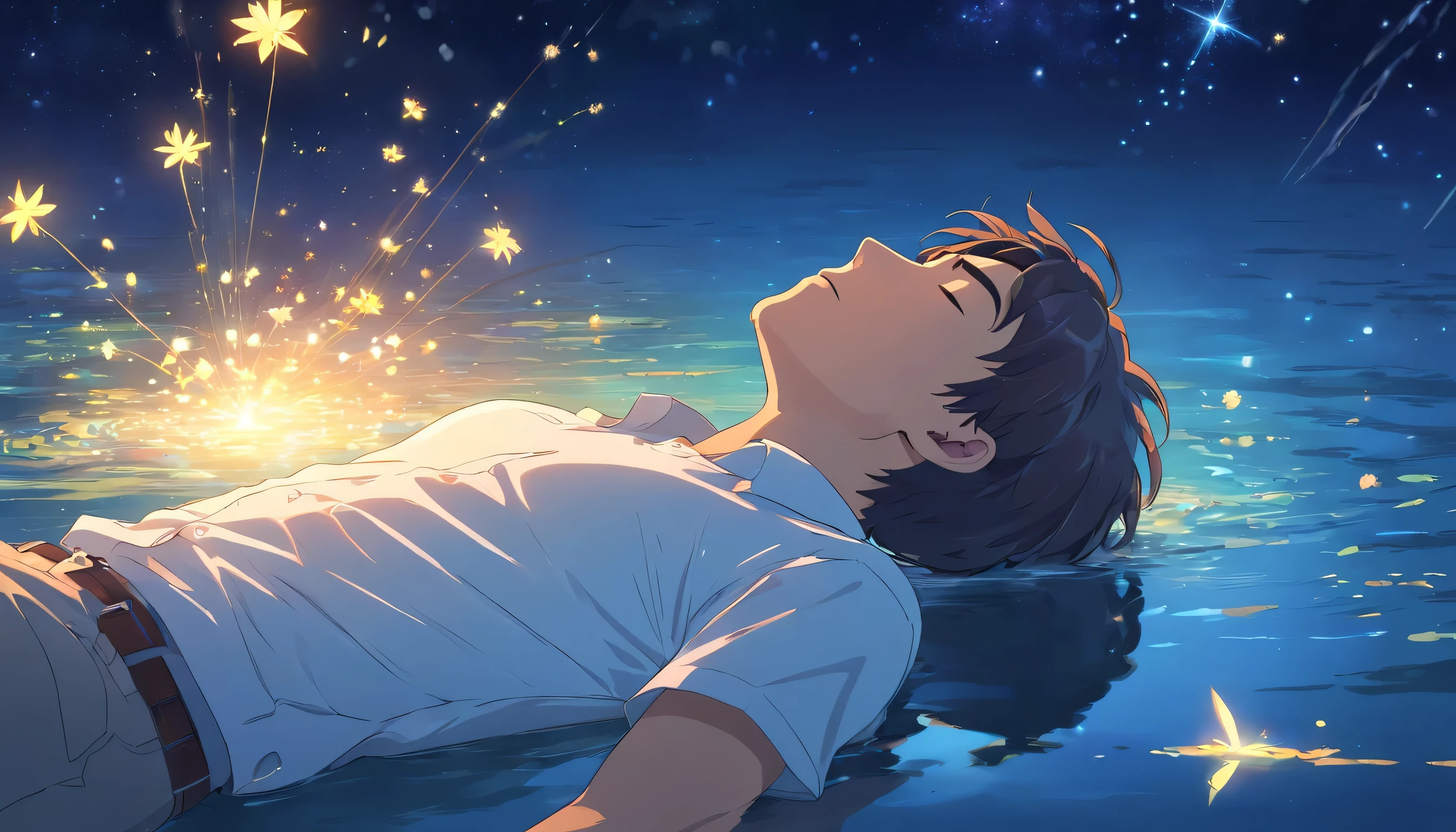 Sleeping on the water, Handsome man in white shirt, Eyes closed, Short-haired, night, shooting stars, fireflies