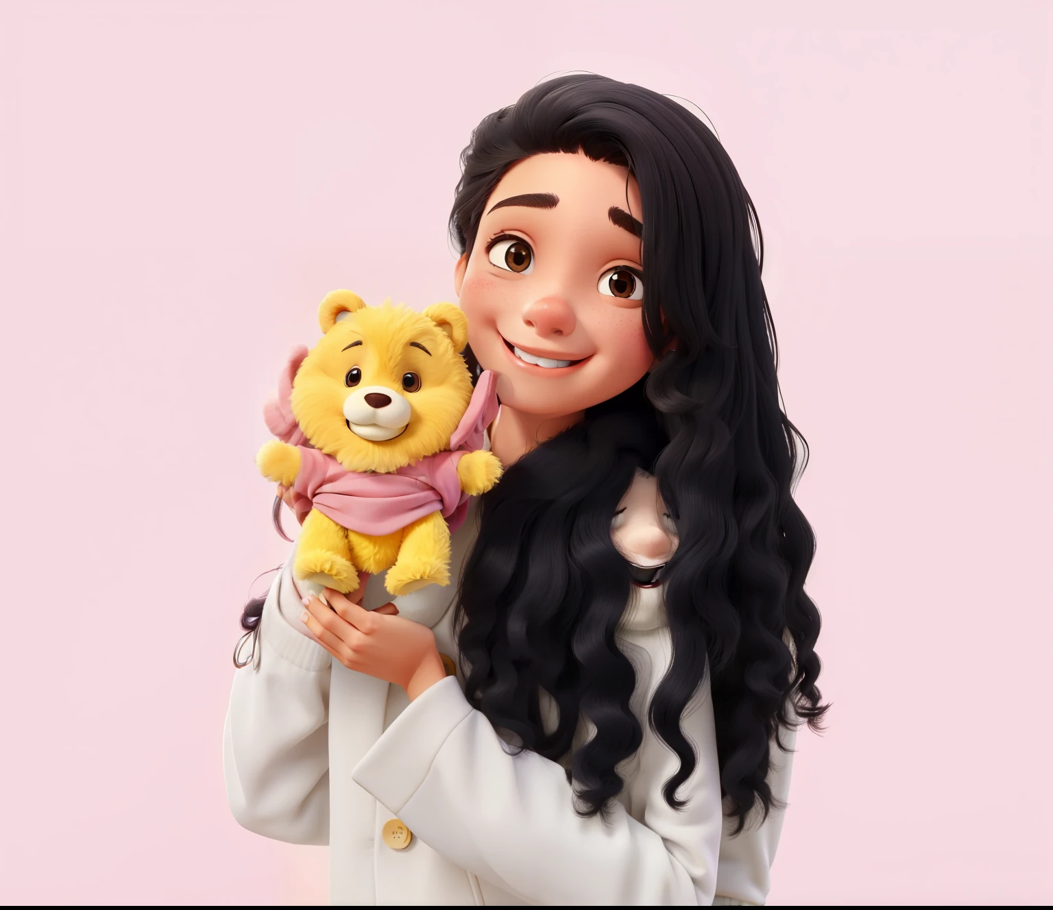 Jovem sorrindo, cabelos longos cacheados, wearing a white coat and a pink teddy bear, next