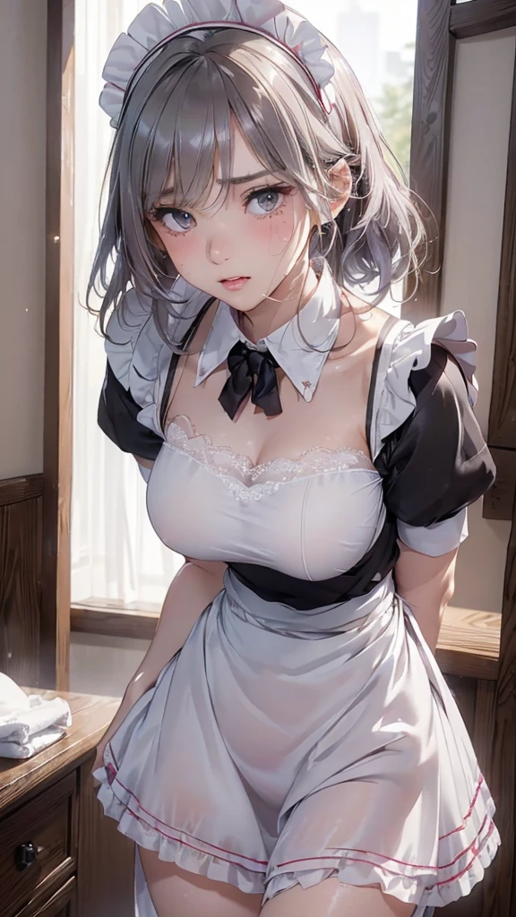 (maximum resolution: 1.2), (ultra high definition tv: 1.2), cinema light, 8K resolution, fine eyes and skin, detailed faceの特徴, , (sharp focus on breasts: 1.2), (The focus is on the face:1.2),perfect style, cute face, Accurate, anatomically correct, Highly detailed face and skin texture, fine eyes, double eyelid, thin eyebrows, glitter eyeliner: 1 natural cheek, shiny skin, Fair skin, Glossy skin: 1.2, (glossy lips: 1.4), (embarrassed look: 1.2),20 year old woman, (detailed face:1.2), (highest quality:1.2), Retrospective shot of rear loam、angle from below, Low - Angle, from behind, cinematic lighting, perfect style, beautiful face, (skirt lift:1.4), loose and wrinkled white panties, stockings, blush、humiliation、impatience、glare、tears、embarrassing、surprised expression、anger expression、(Maid clothes:1.5),full of sweat、silver hair、green ash eye、Retrospective shot of rear loam、exposed panties、disheveled clothes、exposed chest
