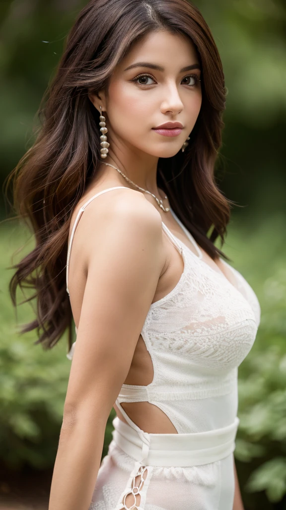 8k, high resolution, Mejor calidad, mesa:1.4)、((cuerpo completo)), Retrato crudo, foto de una joven de perfil mirando al frente, brown hair, ojos negros, background a white lion realistic style.