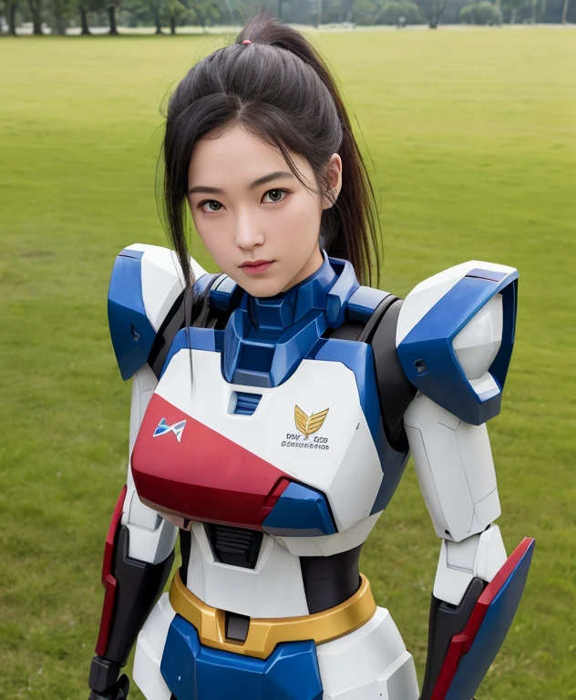 gundam\(RX78\), ultra high resolution, highest quality, photograph, 4K, (photographrealistic:1.4), 1 girl, alone, (whole body:1.1), ponytail, black hair, beautiful face, beautiful eyes, running, Outside the park with a lake, Mecha armor, Depth of bounds written, moving line, perky chest, good lift, Breast flick,