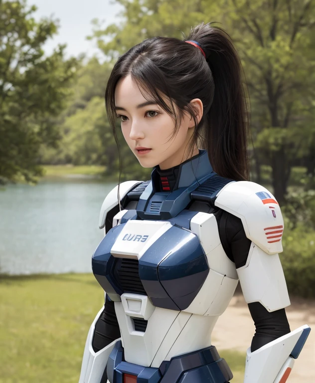 gundam\(RX78\), ultra high resolution, highest quality, photograph, 4K, (photographrealistic:1.4), 1 girl, alone, (whole body:1.1), ponytail, black hair, beautiful face, beautiful eyes, running, Outside the park with a lake, Mecha armor, Depth of bounds written, moving line, perky chest, good lift, Breast flick,