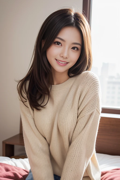 masutepiece, Best Quality, Illustration, Ultra-detailed, finely detail, hight resolution, 8K Wallpaper, Perfect dynamic composition, Beautiful detailed eyes, Medium Hair,Small breasts natural color lip, Bold sexy poses,Smile、20 years girl、Cute、Sexy shot looking at camera,futon bedding(Bet)Background: Wearing an oversized sweater