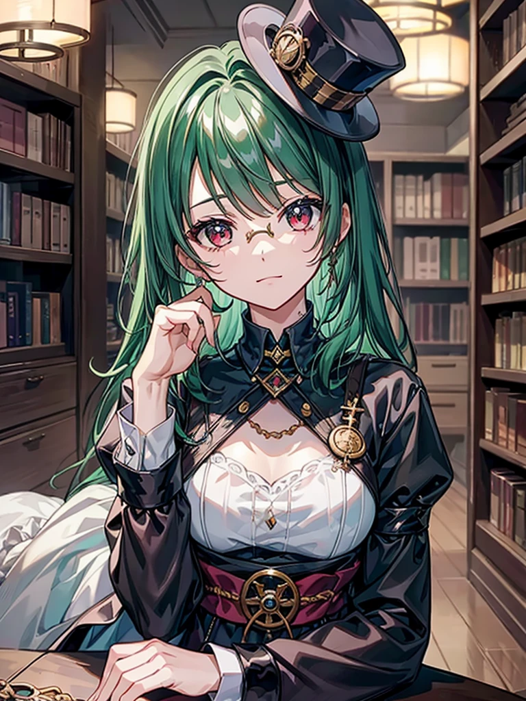 (((masterpiece、Highest image quality、highest quality、highly detailed unity 8kwallpaper)))、((Illustration of one girl、upper body))、(((beautiful girl)))、(librarian)、(Emerald green hair、sidelocks:1.2、red eyes、crazy smile:1.3)、(((flat chest)))、(monocle)、pocket watch、(((Black top hat、Black tuxedo)))、great medieval library