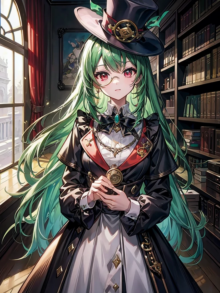 （（（masterpiece、Highest image quality、highest quality、highly detailed unity 8ｋwallpaper）））、（（Illustration of one girl、upper body））、（（（beautiful girl）））、（librarian）、（Emerald green hair、sidelocks：1.2、red eyes、crazy smile：1.3）、（（（flat chest）））、（monocle）、pocket watch、（（（Black top hat、Black tuxedo）））、great medieval library