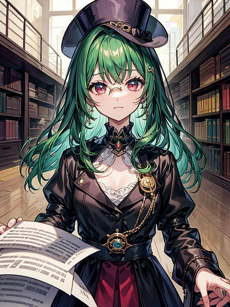 （（（masterpiece、Highest image quality、highest quality、highly detailed unity 8ｋwallpaper）））、（（Illustration of one girl、upper body））、（（（beautiful girl）））、（librarian）、（Emerald green hair、sidelocks：1.2、red eyes、crazy smile：1.3）、（（（flat chest）））、（monocle）、pocket watch、（（（Black top hat、Black tuxedo）））、great medieval library