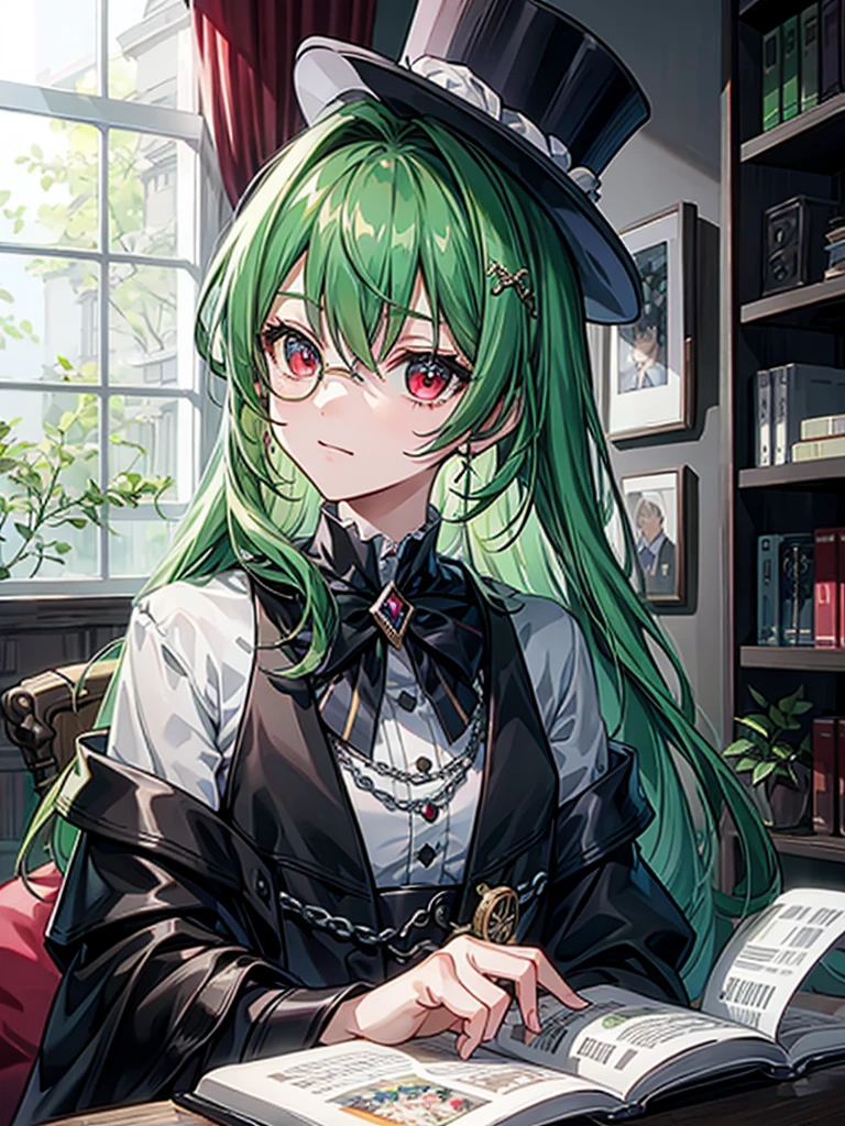 （（（masterpiece、Highest image quality、highest quality、highly detailed unity 8ｋwallpaper）））、（（Illustration of one girl、upper body））、（（（beautiful girl）））、（librarian）、（Emerald green hair、sidelocks：1.2、red eyes、crazy smile：1.3）、（（（flat chest）））、（monocle）、pocket watch、（（（Black top hat、Black tuxedo）））、great medieval library
