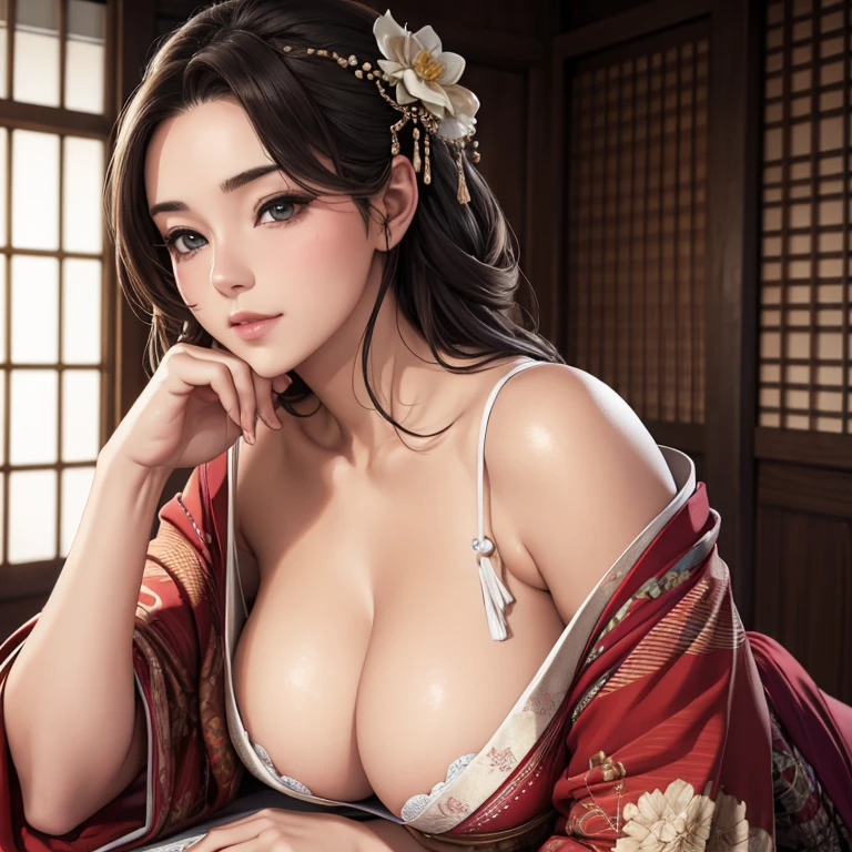 kimono, Heart, (8K, raw photo, Best quality, masterpiece: 1.2), (Realistic: 1.6), (masterpiece), (Best quality: 1.0), (ultra high resolution: 1.0), detail, 40s year old, One, detail beautiful skin, detail room, ,Realistic skin