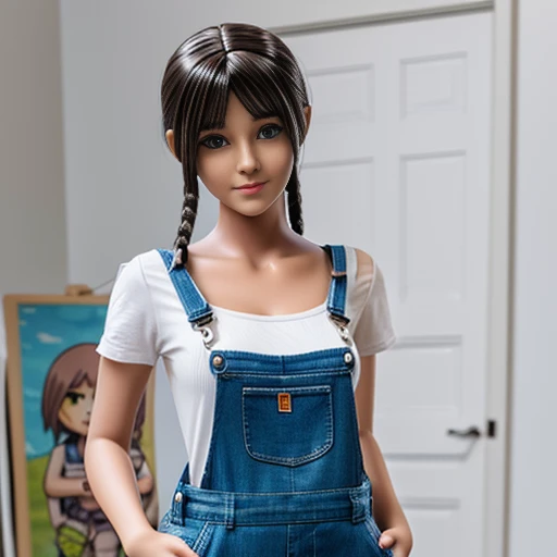 a girl in jean overalls posing with a doll face, in the style of zbrush, anime art, realistic renderings of the human form, comic art, realistic sculptures, beige, dark white and sky-blue --ar 85:128 --s 1000 --v 6.0