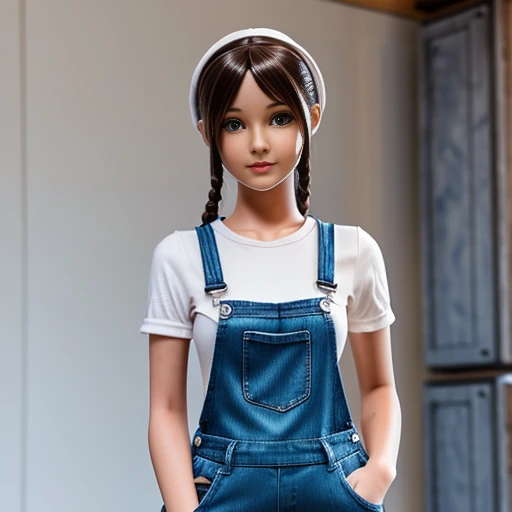 a girl in jean overalls posing with a doll face, in the style of zbrush, anime art, realistic renderings of the human form, comic art, realistic sculptures, beige, dark white and sky-blue --ar 85:128 --s 1000 --v 6.0