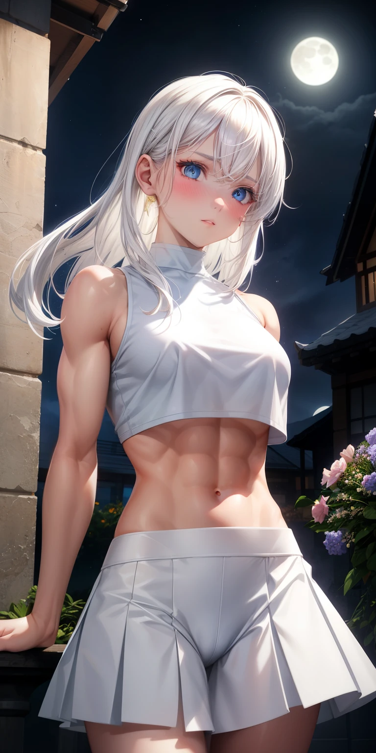 actual, 1 girl, white hair, blue eyes, glowing eyes, crop top, skirt, open lips, blush, Gym, flowers, night, moonlight, abdominal muscles, muscle , biceps