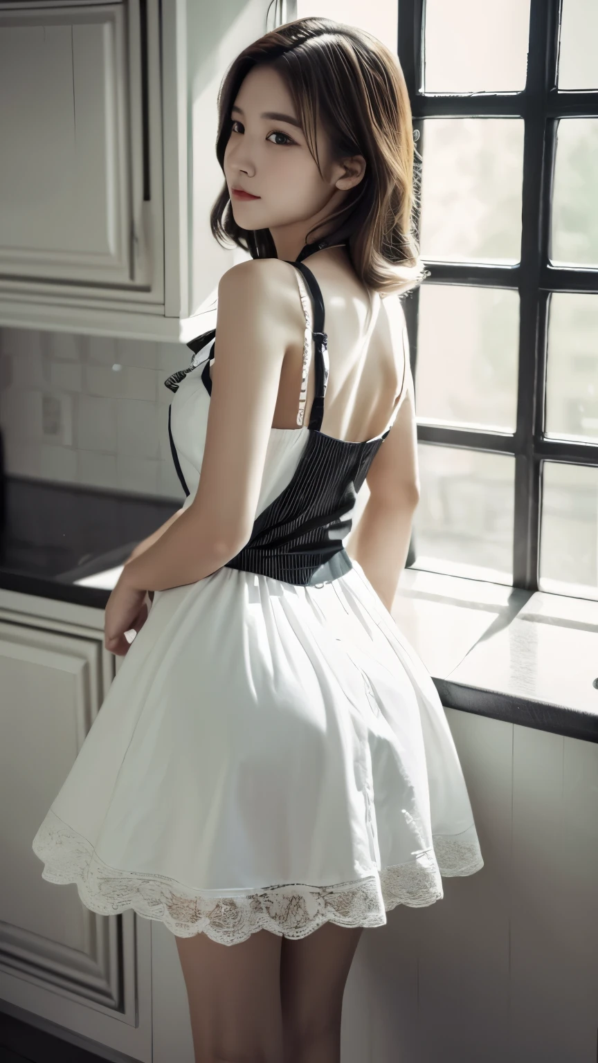 (hyperrealistic), (high resolution), (8K), (extremely detailed), (beautiful detailed eyes), (best quality), (super detailed), (masterpiece), (wallpaper), (detailed face), solo, (dynamic pose), 1 girl, white wavy hair in the kitchen, korean, maid girl, black and white maid dress, realistic,full body, long legs, turned back