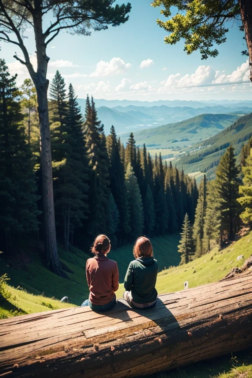 3 people sitting on a log with their backs turned, overlooking the landscape, with trees behind them