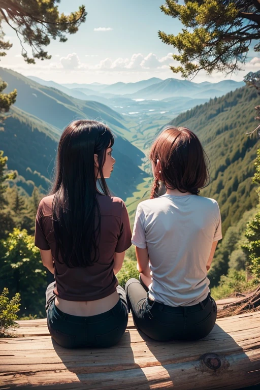 3 people sitting on a log with their backs turned, overlooking the landscape, with trees behind them