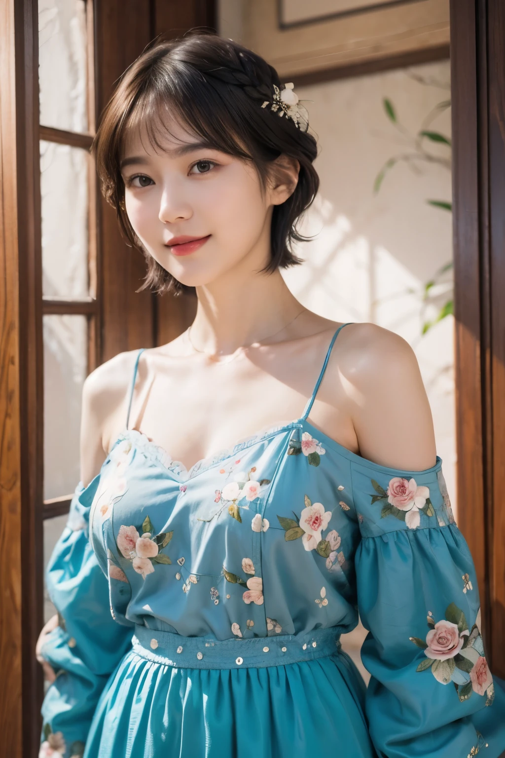 148
(20 year old woman,Floral costume), (surreal), (High resolution), ((beautiful hairstyle 46)), ((short hair:1.46)), (gentle smile), (breasted:1.1), (lipstick)