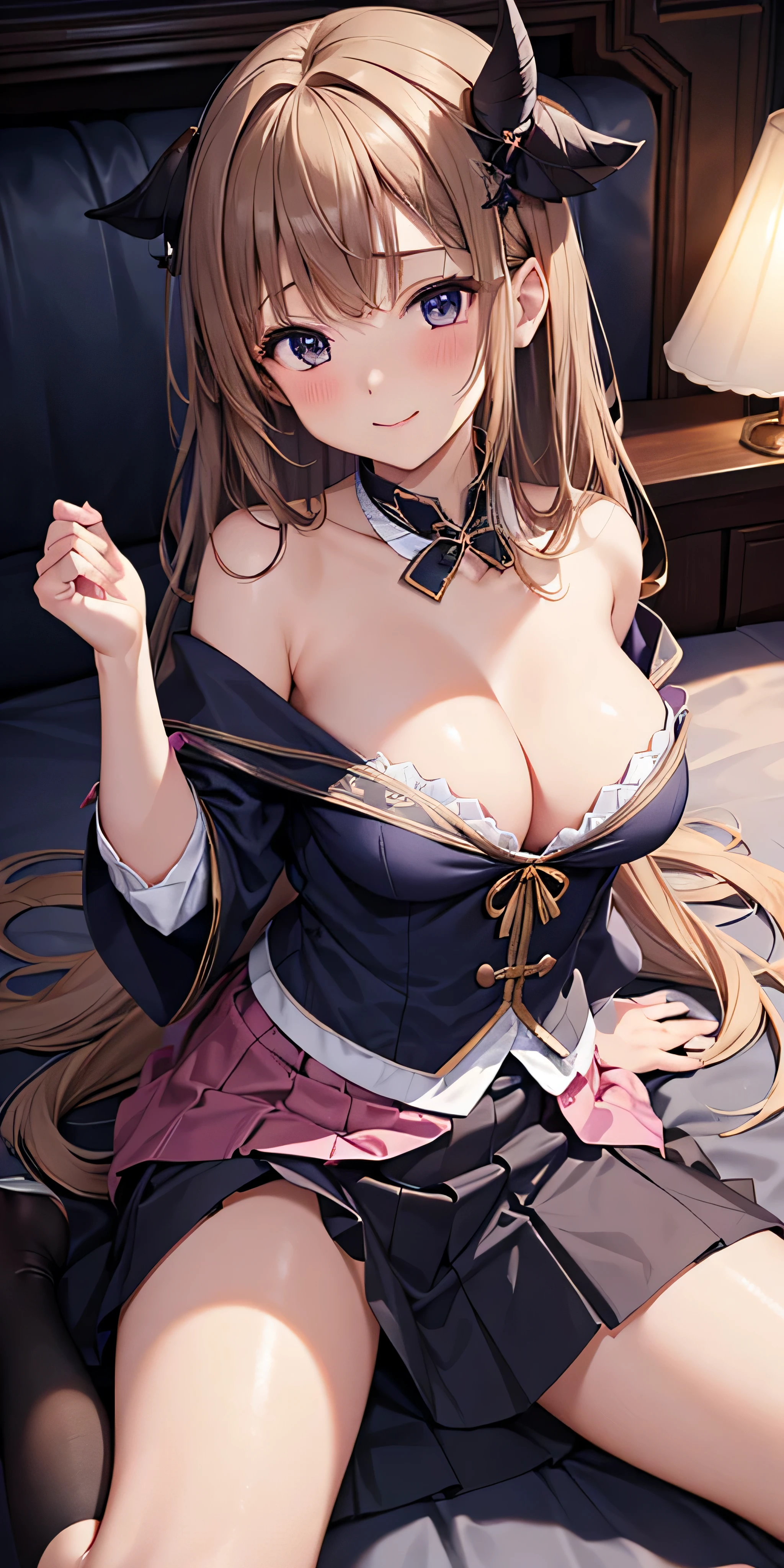 debris flies, highest quality, Highly detailed CG Unity 8K wallpaper, sexy witch , Long length hair、Dark blonde wavy hair、off shoulder knit, dark blue pleated skirt, stockings、medium breasts, saggy breasts, Pose that emphasizes the chest, blush, shy smile, bare shoulders, (((lift up the skirt with both hands、open your legs wide、please open your knees))）、、nice magic book、church bed、lying in bed、、pink panties、pink good