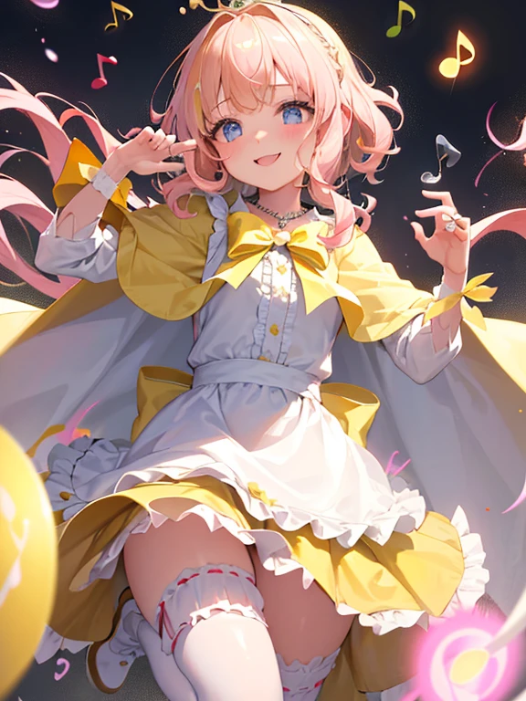 photo realistic, (masterpiece,best quality:1.4),(8k,raw photo,photo realistic:1.2),Not Safe for Work, detailed skin,detailed face,1girl,princess,Alice in Wonderland,cute face, super resolution,retro realistic details Illustration,
((( holding weapon, weapon is hammer, ))), A hammer imbued with magical power, ((yellow, checkered, frilled, yellow layered, yellow mini skirt, overskirt)), ((White ruffle apron)), ((shiny wavy hair)), diadems, ankle boots, doress, (((is turning))), (yellow frilled shirt), yellow gothic dresses, shairband, shortsleeves, the bow hair, happy, ;p, medium bob, (blonde hair), ((wavy hair)), shimmering eyes, ((Blue eyes)),  ((yellow shairband)), (((skirt-lift))), melting smile, a smile, red blush, yellow Doress, Alice (Alice in Wonderland), (((cape))), White frilled legwear, ((yellow the Bow)), Puffy Sleeves, Bangss, shortsleeves, ((yellow bow ribbon)), (long hair), (White frilled apron), (((tiara))),  White frilled legwear, frilld, yellow gothic dresses,: q, ((Heart necklace)), ((ring)), masterpiece, top-quality, not safe for work, , child, 14 yo, braided bangs, arm garter, baby face ,twinkle in the eye, flat chest,
yumekawa,yumekawaii,pastel color,(wonderland:1.3),imagination, floating many (musical notes:1.4) with score, colorful musical notes, ((light Pink background)), (Multicolored lights),magic circlel, (((trading card))),