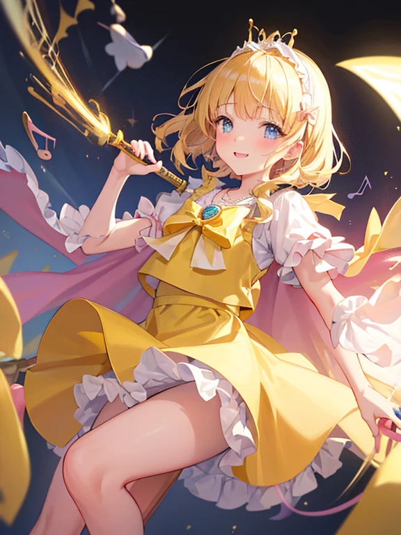 photo realistic, (masterpiece,best quality:1.4),(8k,raw photo,photo realistic:1.2),Not Safe for Work, detailed skin,detailed face,1girl,princess,Alice in Wonderland,cute face, super resolution,retro realistic details Illustration,
((( holding weapon, weapon is hammer, ))), A hammer imbued with magical power, ((yellow, checkered, frilled, yellow layered, yellow mini skirt, overskirt)), ((White ruffle apron)), ((shiny wavy hair)), diadems, ankle boots, doress, (((is turning))), (yellow frilled shirt), yellow gothic dresses, shairband, shortsleeves, the bow hair, happy, ;p, medium bob, (blonde hair), ((wavy hair)), shimmering eyes, ((Blue eyes)), ((yellow shairband)), (((skirt-lift))), melting smile, a smile, red blush, yellow Doress, Alice (Alice in Wonderland), (((cape))), White frilled legwear, ((yellow the Bow)), Puffy Sleeves, Bangss, shortsleeves, ((yellow bow ribbon)), (long hair), (White frilled apron), (((tiara))), White frilled legwear, frilld, yellow gothic dresses,: q, ((Heart necklace)), ((ring)), masterpiece, top-quality, not safe for work, , child, 14 yo, braided bangs, arm garter, baby face ,twinkle in the eye, flat chest,
yumekawa,yumekawaii,pastel color,(wonderland:1.3),imagination, floating many (musical notes:1.4) with score, colorful musical notes, ((light Pink background)), (Multicolored lights),magic circlel, (((trading card))),