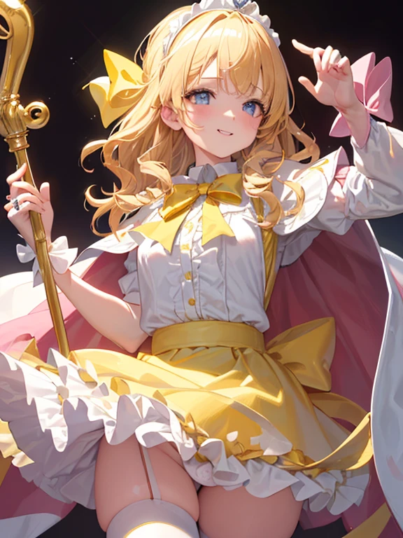 photo realistic, (masterpiece,best quality:1.4),(8k,raw photo,photo realistic:1.2),Not Safe for Work, detailed skin,detailed face,1girl,princess,Alice in Wonderland,cute face, super resolution,retro realistic details Illustration,
((( holding weapon, weapon is hammer, ))), A hammer imbued with magical power, ((yellow, checkered, frilled, yellow layered, yellow mini skirt, overskirt)), ((White ruffle apron)), ((shiny wavy hair)), diadems, ankle boots, doress, (((is turning))), (yellow frilled shirt), yellow gothic dresses, shairband, shortsleeves, the bow hair, happy, ;p, medium bob, (blonde hair), ((wavy hair)), shimmering eyes, ((Blue eyes)), ((yellow shairband)), (((skirt-lift))), melting smile, a smile, red blush, yellow Doress, Alice (Alice in Wonderland), (((cape))), White frilled legwear, ((yellow the Bow)), Puffy Sleeves, Bangss, shortsleeves, ((yellow bow ribbon)), (long hair), (White frilled apron), (((tiara))), White frilled legwear, frilld, yellow gothic dresses,: q, ((Heart necklace)), ((ring)), masterpiece, top-quality, not safe for work, , child, 14 yo, braided bangs, arm garter, baby face ,twinkle in the eye, flat chest,
yumekawa,yumekawaii,pastel color,(wonderland:1.3),imagination, floating many (musical notes:1.4) with score, colorful musical notes, ((light Pink background)), (Multicolored lights),magic circlel, (((trading card))),