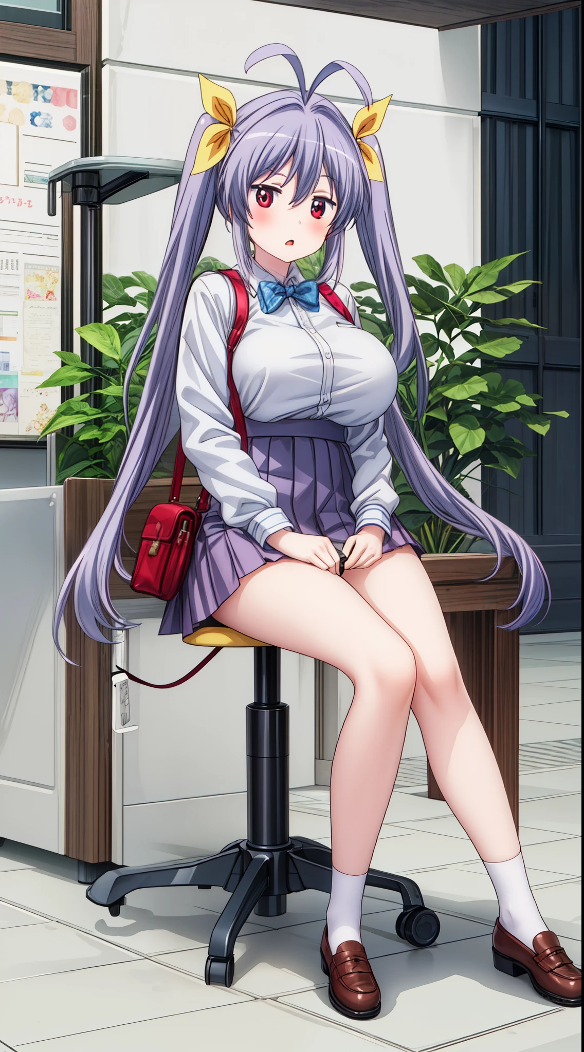 large breasts (weight: 1.5), wearing a short skirt (weight: 1.5) , masterpiece, ((ultra detailed background, delicate pattern, intricate detail)), (highly detailed, fine details), best quality, beautiful lighting, ((huge breasts, slim girl)), 

miyauchi_renge_nonnonbiyori, purple_hair, red_eyes, long_hair, twintails, ribbon, hair_ribbon, blush, antenna_hair, yellow_ribbon, hair_between_eyes,

1 girl, 20yo,YOUNG female, Beautiful Finger, Beautiful long legs ,Beautiful body ,Beautiful Nose ,Beautiful character design, perfect eyes, perfect face,(Beautiful,Huge_Breasts:1.3)

an anime/cartoon character wearing a girls , 1girl, solo, thigh-highs, ブレザー burezaa (Blazer), ahoge, long hair, bow, bowtie, shoes, loafers, ribbon, (very short skirt:1.4),

official art, extremely detailed CG unity 8k wallpaper, perfect lighting,Colorful, Bright_Front_face_Lightinasterpiece:1.0),(best_quality:1.0), ultra high res,4K,ultra-detailed,
photography, 8K, HDR, highres, absurdres:1.2, Kodak portra 400, film grain, blurry background, bokeh:1.2, lens flare, (vibrant_color:1.2)
, (beautiful_face:1.5),(narrow_waist), (Beautiful,Huge_Breasts:1.3)