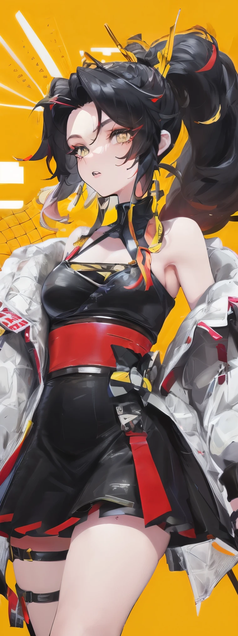 beni, solo, 1girl, yellow_pupils, +_+, black_hair, high_ponytail, red_flower_hair_ornament