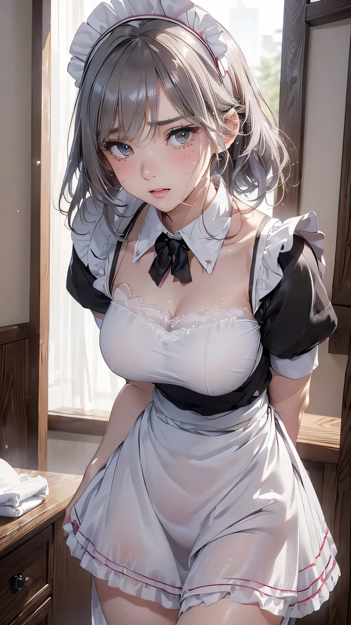 (maximum resolution: 1.2), (ultra high definition tv: 1.2), cinema light, 8K resolution, fine eyes and skin, detailed faceの特徴, , (sharp focus on breasts: 1.2), (The focus is on the face:1.2),perfect style, cute face, Accurate, anatomically correct, Highly detailed face and skin texture, fine eyes, double eyelid, thin eyebrows, glitter eyeliner: 1 natural cheek, shiny skin, Fair skin, Glossy skin: 1.2, (glossy lips: 1.4), (embarrassed look: 1.2),20 year old woman, (detailed face:1.2), (highest quality:1.2), Retrospective shot of rear loam、angle from below, Low - Angle, from behind, cinematic lighting, perfect style, beautiful face, (skirt lift:1.4), loose and wrinkled white panties, stockings, blush、humiliation、impatience、glare、tears、embarrassing、surprised expression、anger expression、(Maid clothes:1.5),full of sweat、silver hair、green ash eye、Retrospective shot of rear loam、exposed panties、disheveled clothes、exposed chest