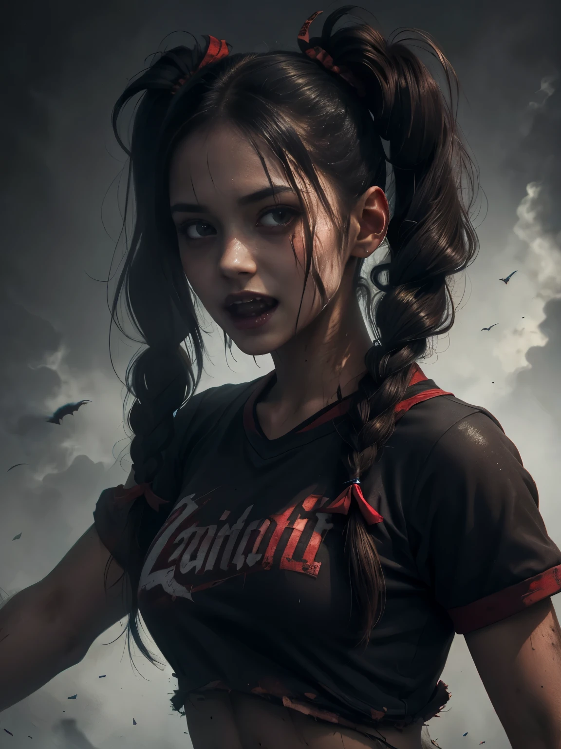 A haunting portrait of a young woman, cheerleader, with a face that reflects the horrors of the undead, zombie, empty eyes, bloodstains, ((vampire teeth)), dead eyes, evil eyes, showing of her sharp teeth, Focus on realism and intricate details to capture the unsettling nature of her appearance. Depict her lifeless eyes, decaying skin, and disheveled cheerleader uniform in vivid and precise detail, using shading and textures to bring the image to life. Long dark hair in pigtails, sexy pose