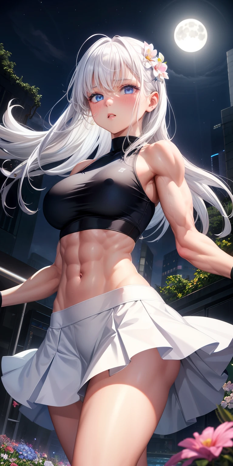 actual, 1 girl, white hair, blue eyes, glowing eyes, crop top, skirt, open lips, blush, Gym, flowers, night, moonlight, abdominal muscles, muscle , biceps