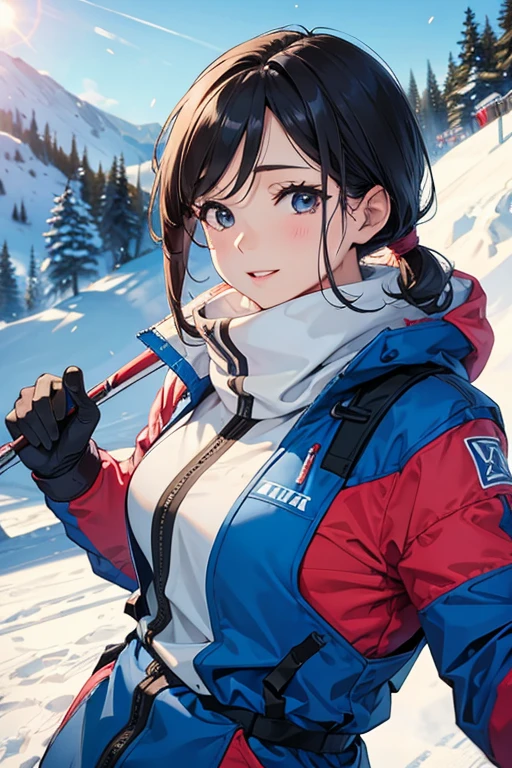 skiing、beautiful mature woman、Upper body、Slipping
