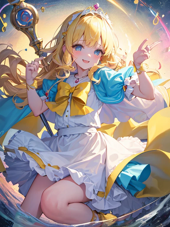 photo realistic, (masterpiece,best quality:1.4),(8k,raw photo,photo realistic:1.2),Not Safe for Work, detailed skin,detailed face,1girl,princess,Alice in Wonderland,cute face, super resolution,retro realistic details Illustration,
((( holding weapon, weapon is hammer, ))), A hammer imbued with magical power, ((yellow, checkered, frilled, yellow layered, yellow mini skirt, overskirt)), ((White ruffle apron)), ((shiny wavy hair)), diadems, ankle boots, doress, (((is turning))), (yellow frilled shirt), yellow gothic dresses, shairband, shortsleeves, the bow hair, happy, ;p, medium bob, (blonde hair), ((wavy hair)), shimmering eyes, ((Blue eyes)), ((yellow shairband)), (((skirt-lift))), melting smile, a smile, red blush, yellow Doress, Alice (Alice in Wonderland), (((cape))), White frilled legwear, ((yellow the Bow)), Puffy Sleeves, Bangss, shortsleeves, ((yellow bow ribbon)), (long hair), (White frilled apron), (((tiara))), White frilled legwear, frilld, yellow gothic dresses,: q, ((Heart necklace)), ((ring)), masterpiece, top-quality, not safe for work, , child, 14 yo, braided bangs, arm garter, baby face ,twinkle in the eye, flat chest,
yumekawa,yumekawaii,pastel color,(wonderland:1.3),imagination, floating many (musical notes:1.4) with score, colorful musical notes, ((light Pink background)), (Multicolored lights),magic circlel, (((trading card))),