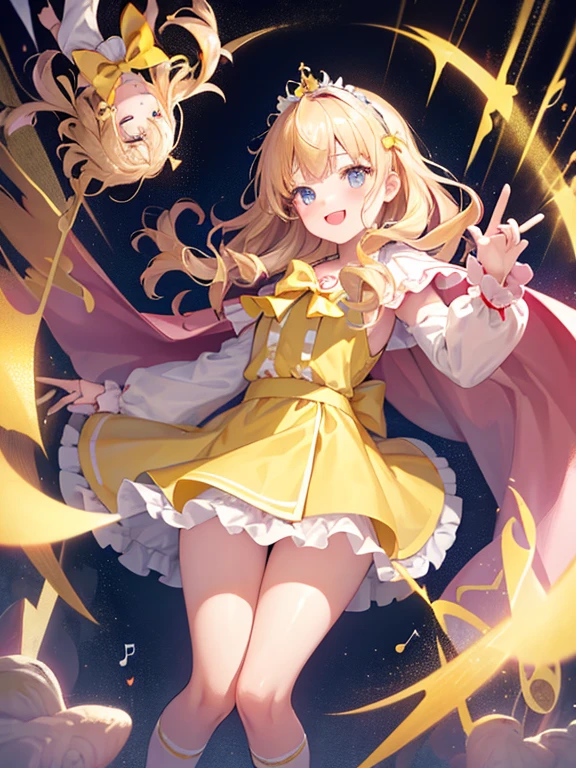 photo realistic, (masterpiece,best quality:1.4),(8k,raw photo,photo realistic:1.2),Not Safe for Work, detailed skin,detailed face,1girl,princess,Alice in Wonderland,cute face, super resolution,retro realistic details Illustration,
((( holding weapon, weapon is hammer, ))), A hammer imbued with magical power, ((yellow, checkered, frilled, yellow layered, yellow mini skirt, overskirt)), ((White ruffle apron)), ((shiny wavy hair)), diadems, ankle boots, doress, (((is turning))), (yellow frilled shirt), yellow gothic dresses, shairband, shortsleeves, the bow hair, happy, ;p, medium bob, (blonde hair), ((wavy hair)), shimmering eyes, ((Blue eyes)),  ((yellow shairband)), (((skirt-lift))), melting smile, a smile, red blush, yellow Doress, Alice (Alice in Wonderland), (((cape))), White frilled legwear, ((yellow the Bow)), Puffy Sleeves, Bangss, shortsleeves, ((yellow bow ribbon)), (long hair), (White frilled apron), (((tiara))),  White frilled legwear, frilld, yellow gothic dresses,: q, ((Heart necklace)), ((ring)), masterpiece, top-quality, not safe for work, , child, 14 yo, braided bangs, arm garter, baby face ,twinkle in the eye, flat chest,
yumekawa,yumekawaii,pastel color,(wonderland:1.3),imagination, floating many (musical notes:1.4) with score, colorful musical notes, ((light Pink background)), (Multicolored lights),magic circlel, (((trading card))),