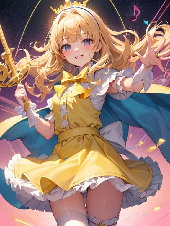 photo realistic, (masterpiece,best quality:1.4),(8k,raw photo,photo realistic:1.2),Not Safe for Work, detailed skin,detailed face,1girl,princess,Alice in Wonderland,cute face, super resolution,retro realistic details Illustration,
((( holding weapon, weapon is hammer, ))), A hammer imbued with magical power, ((yellow, checkered, frilled, yellow layered, yellow mini skirt, overskirt)), ((White ruffle apron)), ((shiny wavy hair)), diadems, ankle boots, doress, (((is turning))), (yellow frilled shirt), yellow gothic dresses, shairband, shortsleeves, the bow hair, happy, ;p, medium bob, (blonde hair), ((wavy hair)), shimmering eyes, ((Blue eyes)), ((yellow shairband)), (((skirt-lift))), melting smile, a smile, red blush, yellow Doress, Alice (Alice in Wonderland), (((cape))), White frilled legwear, ((yellow the Bow)), Puffy Sleeves, Bangss, shortsleeves, ((yellow bow ribbon)), (long hair), (White frilled apron), (((tiara))), White frilled legwear, frilld, yellow gothic dresses,: q, ((Heart necklace)), ((ring)), masterpiece, top-quality, not safe for work, , child, 14 yo, braided bangs, arm garter, baby face ,twinkle in the eye, flat chest,
yumekawa,yumekawaii,pastel color,(wonderland:1.3),imagination, floating many (musical notes:1.4) with score, colorful musical notes, ((light Pink background)), (Multicolored lights),magic circlel, (((trading card))),