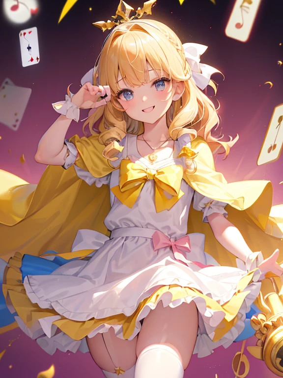 photo realistic, (masterpiece,best quality:1.4),(8k,raw photo,photo realistic:1.2),Not Safe for Work, detailed skin,detailed face,1girl,princess,Alice in Wonderland,cute face, super resolution,retro realistic details Illustration,
((( holding weapon, weapon is hammer, ))), A hammer imbued with magical power, ((yellow, checkered, frilled, yellow layered, yellow mini skirt, overskirt)), ((White ruffle apron)), ((shiny wavy hair)), diadems, ankle boots, doress, (((is turning))), (yellow frilled shirt), yellow gothic dresses, shairband, shortsleeves, the bow hair, happy, ;p, medium bob, (blonde hair), ((wavy hair)), shimmering eyes, ((Blue eyes)), ((yellow shairband)), (((skirt-lift))), melting smile, a smile, red blush, yellow Doress, Alice (Alice in Wonderland), (((cape))), White frilled legwear, ((yellow the Bow)), Puffy Sleeves, Bangss, shortsleeves, ((yellow bow ribbon)), (long hair), (White frilled apron), (((tiara))), White frilled legwear, frilld, yellow gothic dresses,: q, ((Heart necklace)), ((ring)), masterpiece, top-quality, not safe for work, , child, 14 yo, braided bangs, arm garter, baby face ,twinkle in the eye, flat chest,
yumekawa,yumekawaii,pastel color,(wonderland:1.3),imagination, floating many (musical notes:1.4) with score, colorful musical notes, ((light Pink background)), (Multicolored lights),magic circlel, (((trading card))),