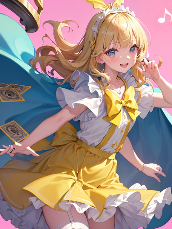photo realistic, (masterpiece,best quality:1.4),(8k,raw photo,photo realistic:1.2),Not Safe for Work, detailed skin,detailed face,1girl,princess,Alice in Wonderland,cute face, super resolution,retro realistic details Illustration,
((( holding weapon, weapon is hammer, ))), A hammer imbued with magical power, ((yellow, checkered, frilled, yellow layered, yellow mini skirt, overskirt)), ((White ruffle apron)), ((shiny wavy hair)), diadems, ankle boots, doress, (((is turning))), (yellow frilled shirt), yellow gothic dresses, shairband, shortsleeves, the bow hair, happy, ;p, medium bob, (blonde hair), ((wavy hair)), shimmering eyes, ((Blue eyes)), ((yellow shairband)), (((skirt-lift))), melting smile, a smile, red blush, yellow Doress, Alice (Alice in Wonderland), (((cape))), White frilled legwear, ((yellow the Bow)), Puffy Sleeves, Bangss, shortsleeves, ((yellow bow ribbon)), (long hair), (White frilled apron), (((tiara))), White frilled legwear, frilld, yellow gothic dresses,: q, ((Heart necklace)), ((ring)), masterpiece, top-quality, not safe for work, , braided bangs, arm garter, baby face ,twinkle he eye, flat chest,
yumekawa,yumekawaii,pastel color,(wonderland:1.3),imagination, floating many (musical notes:1.4) with score, colorful musical notes, ((light Pink background)), (Multicolored lights),magic circlel, (((trading card))),