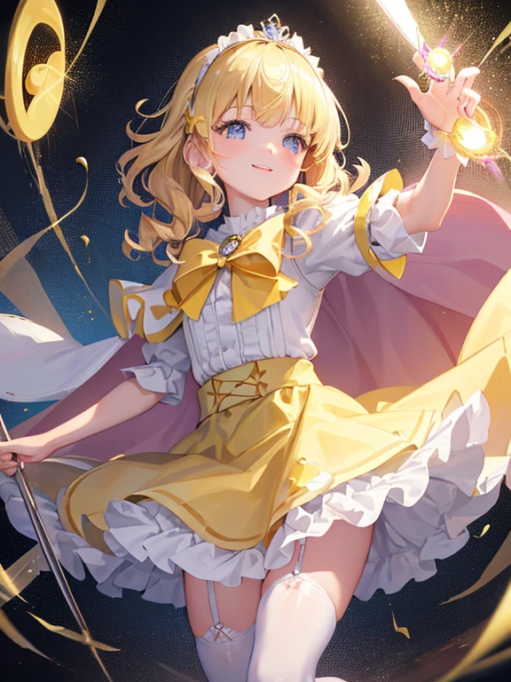 photo realistic, (masterpiece,best quality:1.4),(8k,raw photo,photo realistic:1.2),Not Safe for Work, detailed skin,detailed face,1girl,princess,Alice in Wonderland,cute face, super resolution,retro realistic details Illustration,
((( holding weapon, weapon is hammer, ))), A hammer imbued with magical power, ((yellow, checkered, frilled, yellow layered, yellow mini skirt, overskirt)), ((White ruffle apron)), ((shiny wavy hair)), diadems, ankle boots, doress, (((is turning))), (yellow frilled shirt), yellow gothic dresses, shairband, shortsleeves, the bow hair, happy, ;p, medium bob, (blonde hair), ((wavy hair)), shimmering eyes, ((Blue eyes)), ((yellow shairband)), (((skirt-lift))), melting smile, a smile, red blush, yellow Doress, Alice (Alice in Wonderland), (((cape))), White frilled legwear, ((yellow the Bow)), Puffy Sleeves, Bangss, shortsleeves, ((yellow bow ribbon)), (long hair), (White frilled apron), (((tiara))), White frilled legwear, frilld, yellow gothic dresses,: q, ((Heart necklace)), ((ring)), masterpiece, top-quality, not safe for work, , child, 14 yo, braided bangs, arm garter, baby face ,twinkle in the eye, flat chest,
yumekawa,yumekawaii,pastel color,(wonderland:1.3),imagination, floating many (musical notes:1.4) with score, colorful musical notes, ((light Pink background)), (Multicolored lights),magic circlel, (((trading card))),