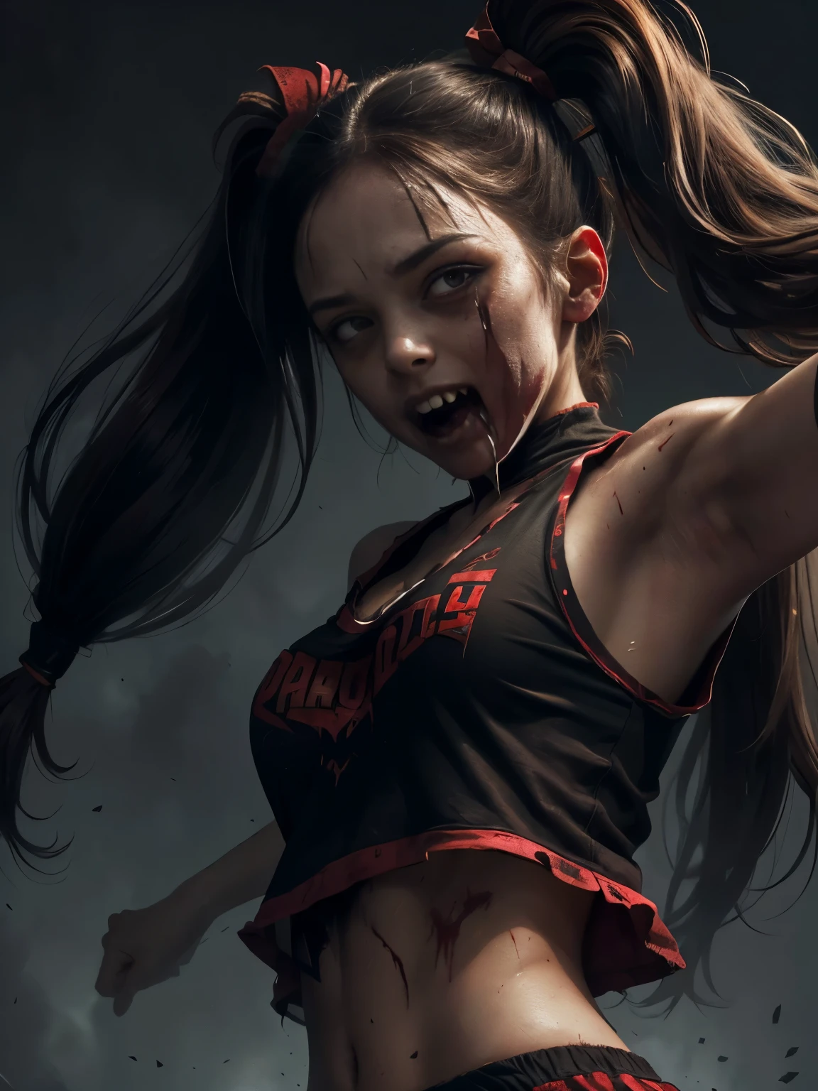 A haunting portrait of a young woman, cheerleader, with a face that reflects the horrors of the undead, zombie, empty eyes, bloodstains, ((vampire teeth)), dead eyes, evil eyes, showing of her sharp teeth, Focus on realism and intricate details to capture the unsettling nature of her appearance. Depict her lifeless eyes, decaying skin, and disheveled cheerleader uniform in vivid and precise detail, using shading and textures to bring the image to life. Long dark hair in pigtails, sexy pose