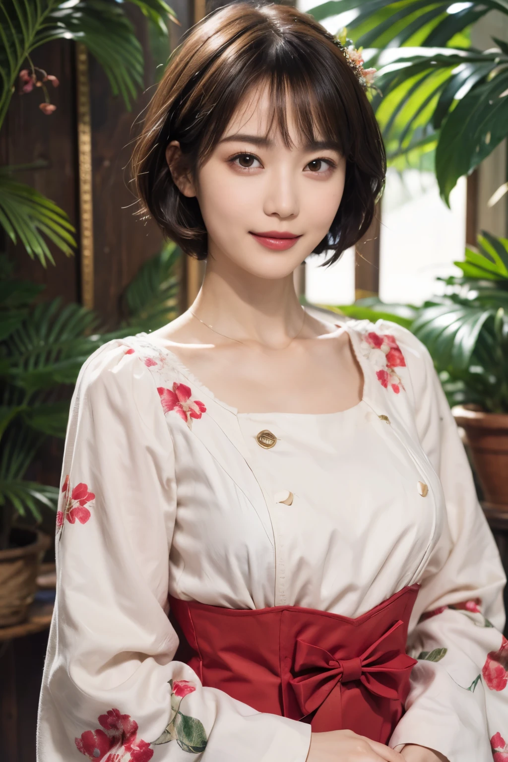 148
(20 year old woman,Floral costume), (surreal), (High resolution), ((beautiful hairstyle 46)), ((short hair:1.46)), (gentle smile), (breasted:1.1), (lipstick)
