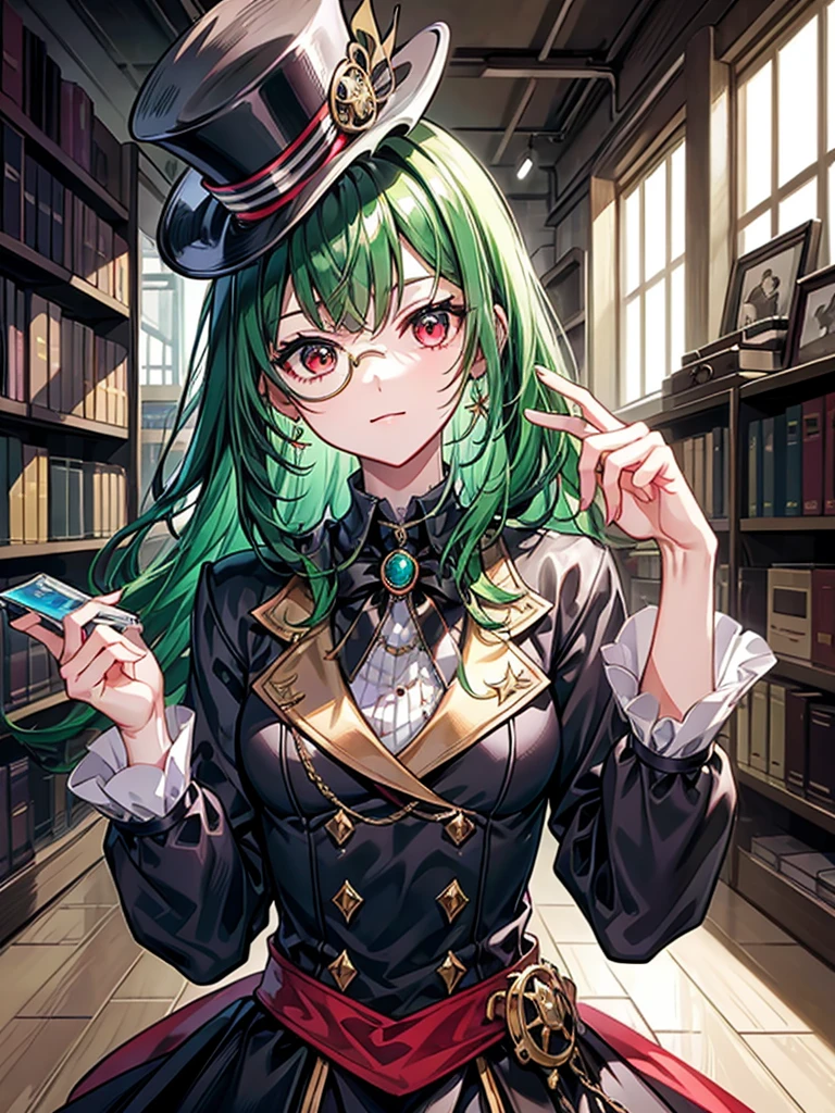 (((masterpiece、Highest image quality、highest quality、highly detailed unity 8kwallpaper)))、((Illustration of one girl、upper body))、(((beautiful girl)))、(librarian)、(Emerald green hair、sidelocks:1.2、red eyes、crazy smile:1.3)、(((flat chest)))、(monocle)、pocket watch、(((Black top hat、Black tuxedo)))、great medieval library