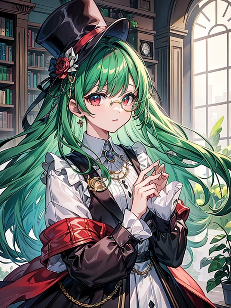 （（（masterpiece、Highest image quality、highest quality、highly detailed unity 8ｋwallpaper）））、（（Illustration of one girl、upper body））、（（（beautiful girl）））、（librarian）、（Emerald green hair、sidelocks：1.2、red eyes、crazy smile：1.3）、（（（flat chest）））、（monocle）、pocket watch、（（（Black top hat、Black tuxedo）））、great medieval library
